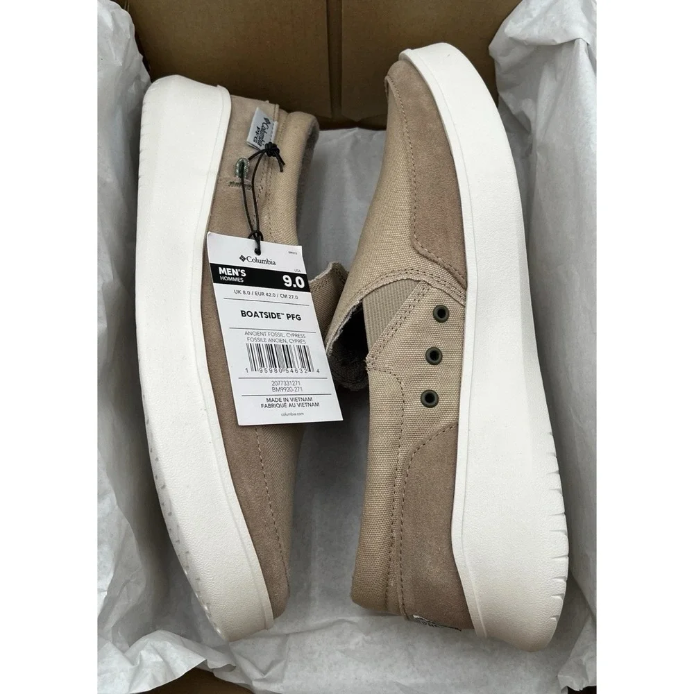 Columbia Men's PFG Boatside Slip On Boat Shoes Size 9 Beige Tan Canvas Upper